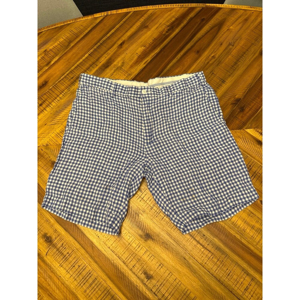 Polo Ralph Lauren Linen Shorts Mens 34 Blue White Gingham 7" Inseam Preppy Beach